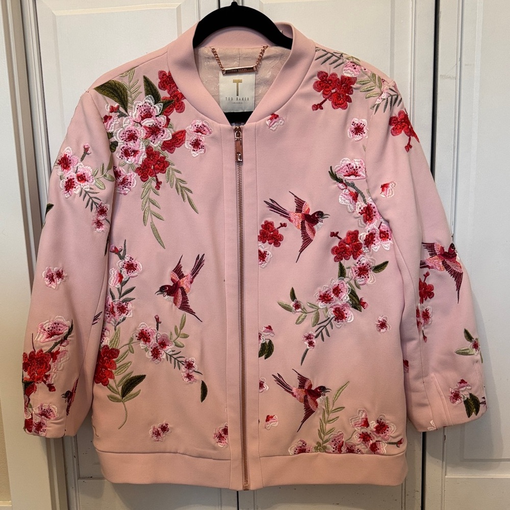 Ted Baker London Pink Floral & Bird Embroidered Bomber Jacket
